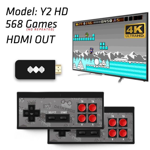 DATA FROG 4K Consola de videojuegos HDMI Construido en 568 Juegos clásicos Mini consola retro Controlador inalámbrico Salida HDMI Jugadores duales